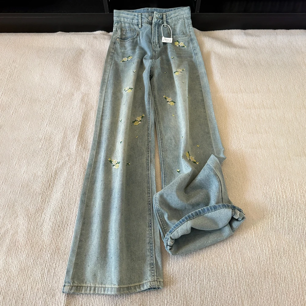 

Винтажные джинсы с цветочной вышивкой и бриллиантами, женские дизайнерские прямые длинные брюки с высокой талией, джинсовые брюки, уличная одежда