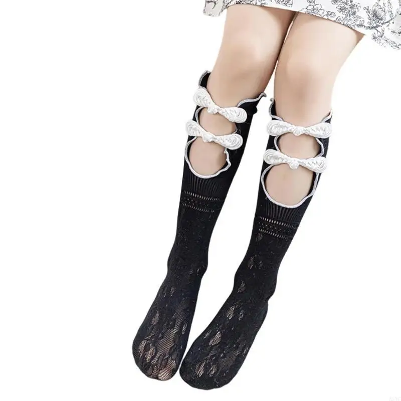 A5YC 1 Pair Spring and Summer Thin Stackable Socks Qipao Button Long Calf Socks