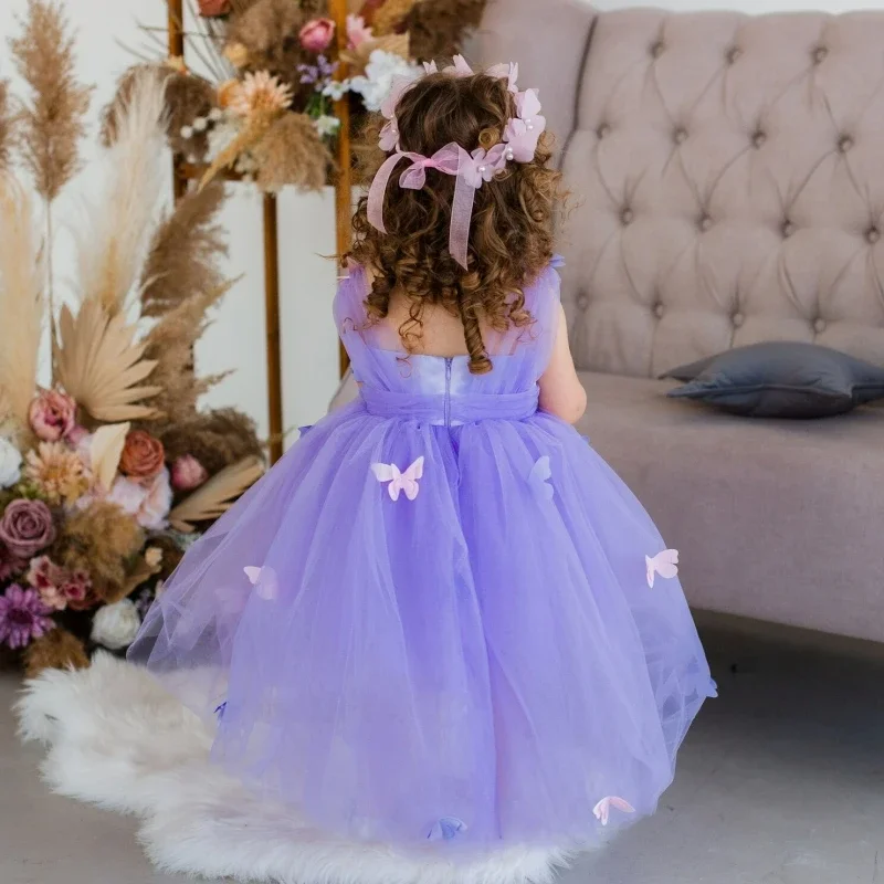 Elegant ดอกไม้สาวชุดสีชมพู PUFFY สําหรับงานแต่งงาน Tulle Applique แขนกุดเด็กของขวัญวันเกิด PARTY First Communion Ball Gown