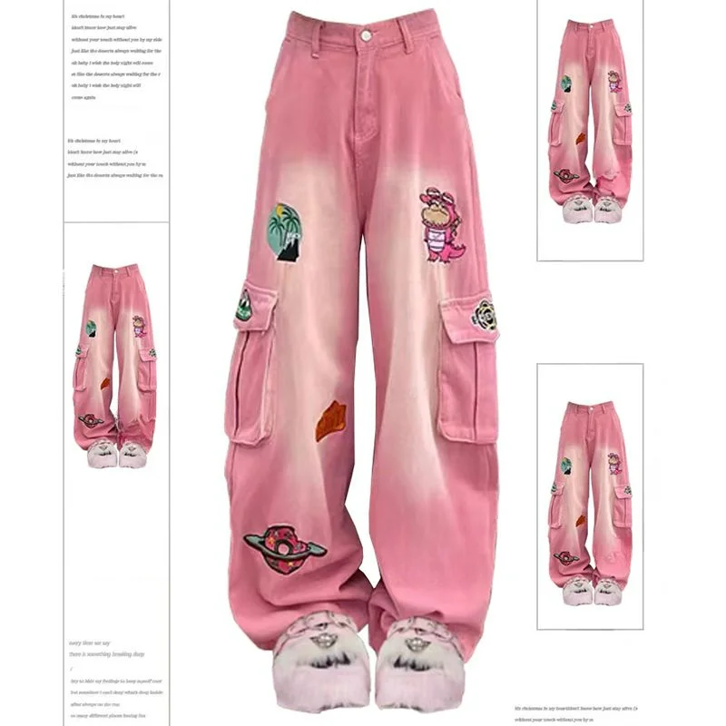 

American Cartoon Embroidery Pink Jeans Women's Spring Fashion Wide-leg Pants Are Trending This Year Comfortable High Waisted