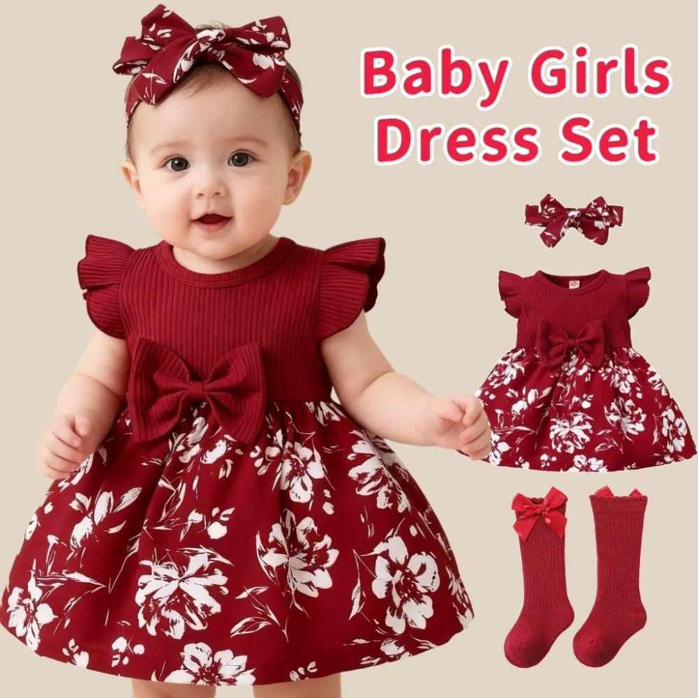 

Bow Baby Girl Dress Cotton Short Sleeve Newborn Clothes Set Floral with Headband Socks Infant Red Princess Dress