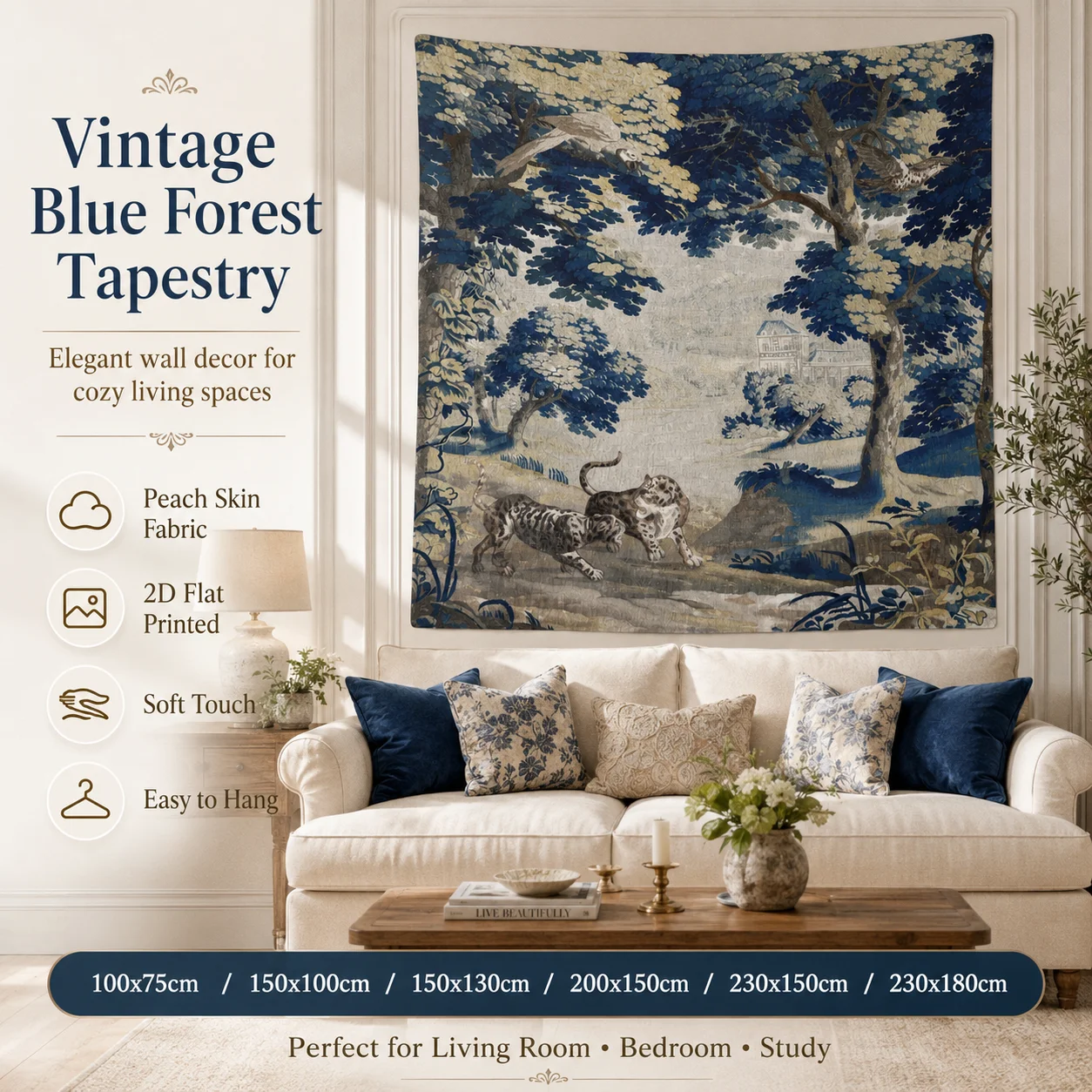 

Vintage Blue Forest Tapestry 2D Flat Printed Peach Skin Wall Hanging Leopard Animal Background Cloth for Living Room Home Decor