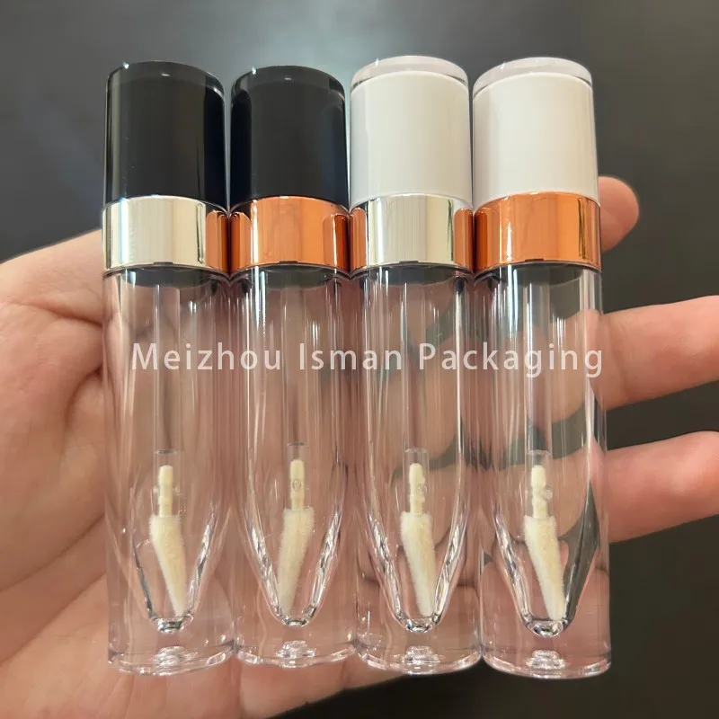 50Pcs Black White Round 4ML Empty Plastic Clear Lipgloss Wand Tube Wholesale Makeup Lip Gloss Bottle With Rose Gold Sliver Ring