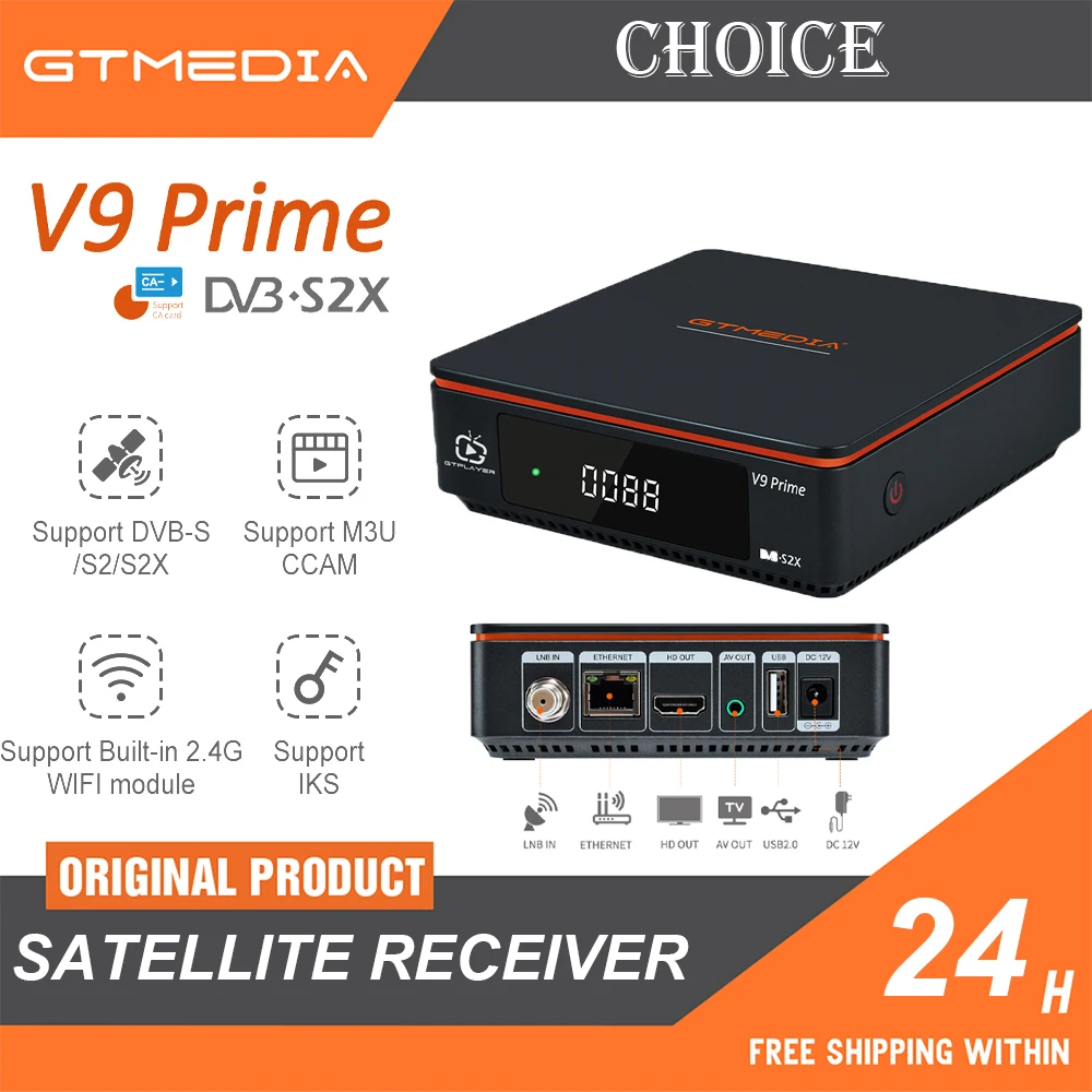 GTMEDIA V9 Prime Satellite receiver DVB-S/S2/S2X, VCM/ACM/multi-stream/T2-MI Support BISS auto roll Built-in 2.4G WIFI Mars ecam