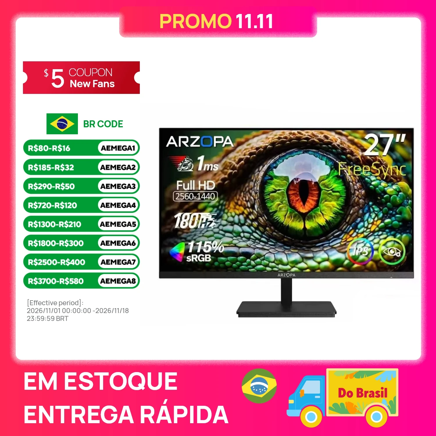 Novo Monitor ARZOPA de 27 Polegadas, Monitor de Jogos 180Hz QHD 2K para PC, 2560*1440, Fast IPS, com Type-C, Modo Samsung DeX, FreeS