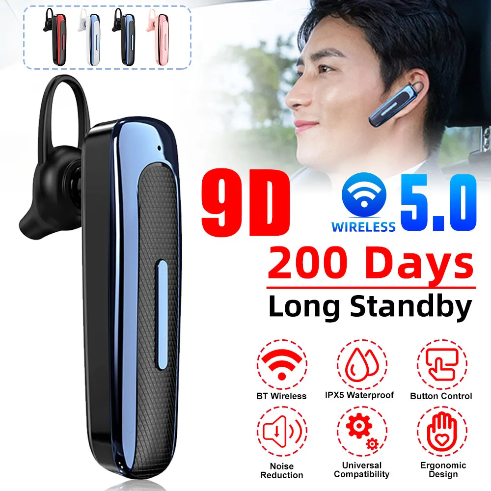

Wireless Business Hands-free Earphone Bluetooth V5.0 Headset with Microphone Single Earhook Waterproof Sports Driver Earplugs