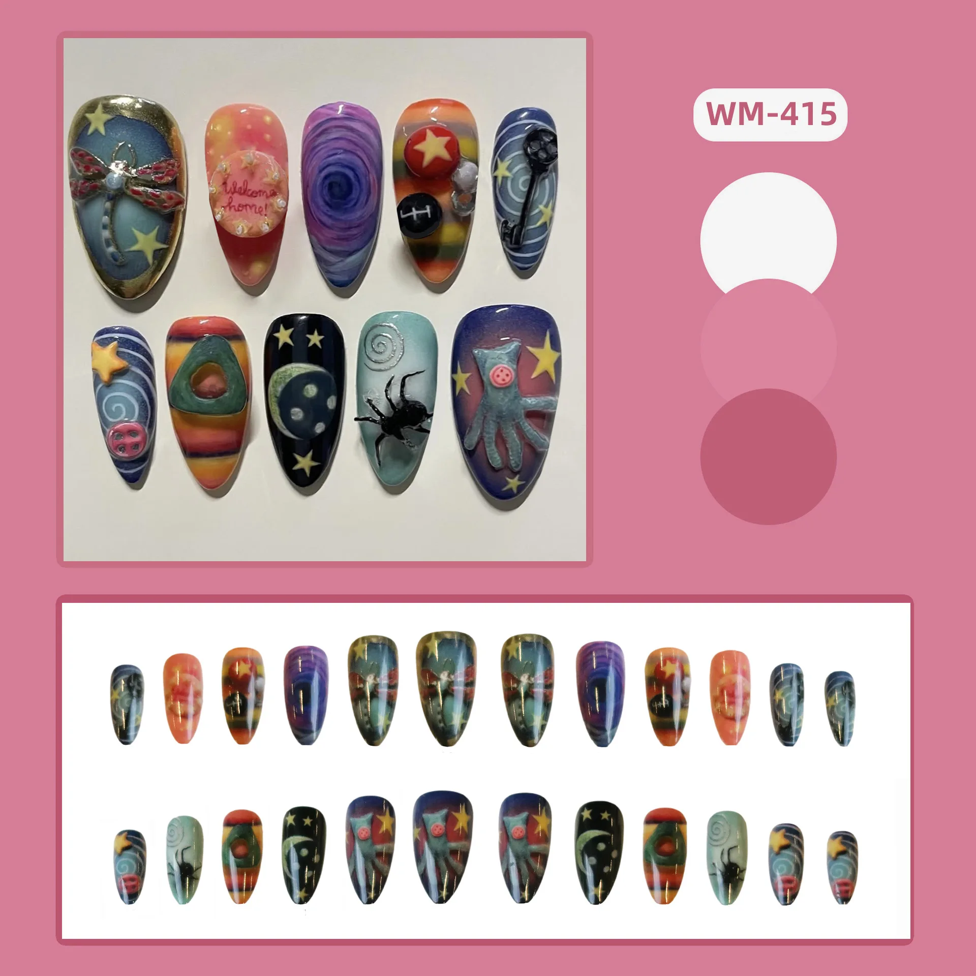 24Pcs Colorful Swirl Galax Press on Nails 3D Dragonfly Spider Hand Key Button Star Fake Nail Short Almond False Nail for Women