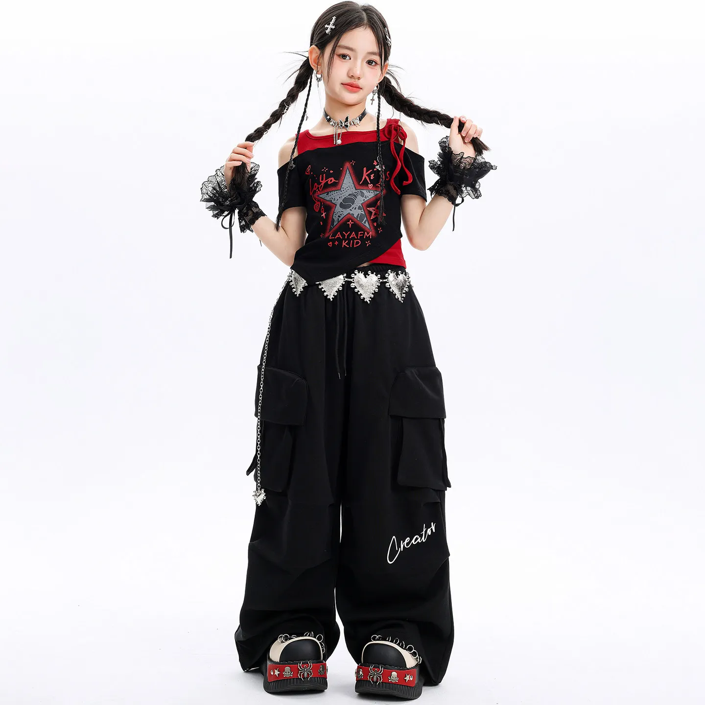 

Детская одежда в стиле K-pop и хип-хоп: черно-красная укороченная футболка с открытыми плечами, повседневные уличные брюки-карго для девочек, костюм для танцев