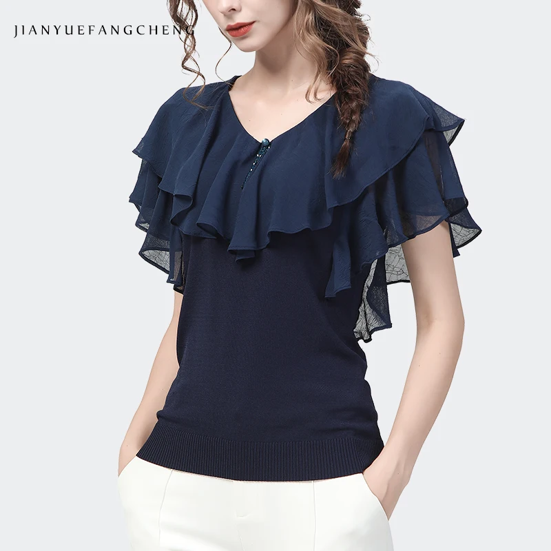 2022 Summer Ruffle Chiffon Blouse Women Top Short Sleeve Spliced Knit Shirt Bottoming Shirts Fashion Slim Casual Small Shirts