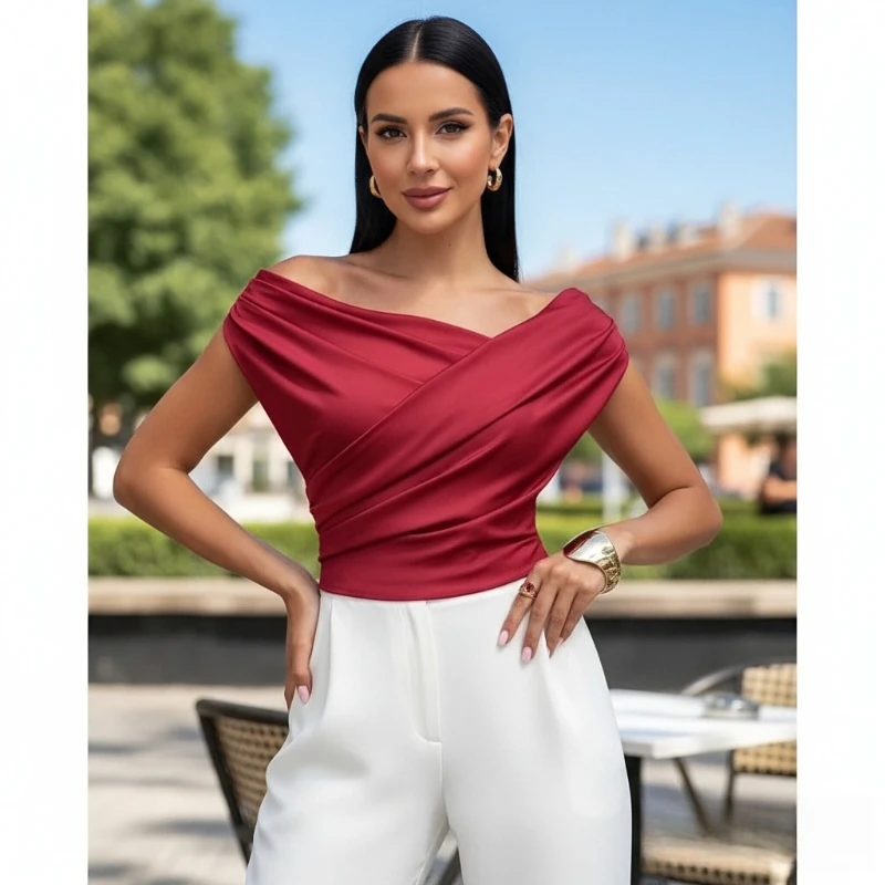 Nowa letnia damska bluzka z asymetrycznym dekoltem, dopasowana, cienka, bez rękawów, krótka, elegancka, w jednolitym kolorze, modna, codzienna bluzka z podkreśloną talią.