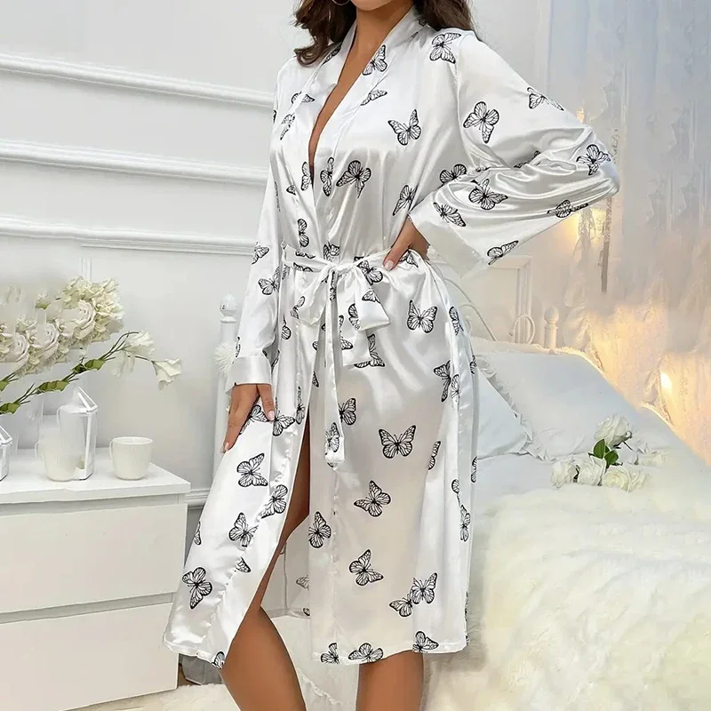 Camicia da notte in raso da donna Kimono Accappatoi Indumenti da notte sexy Scollo a V Pigiama a maniche lunghe Camicie da notte larghe Camicia da notte Pigiama femminile