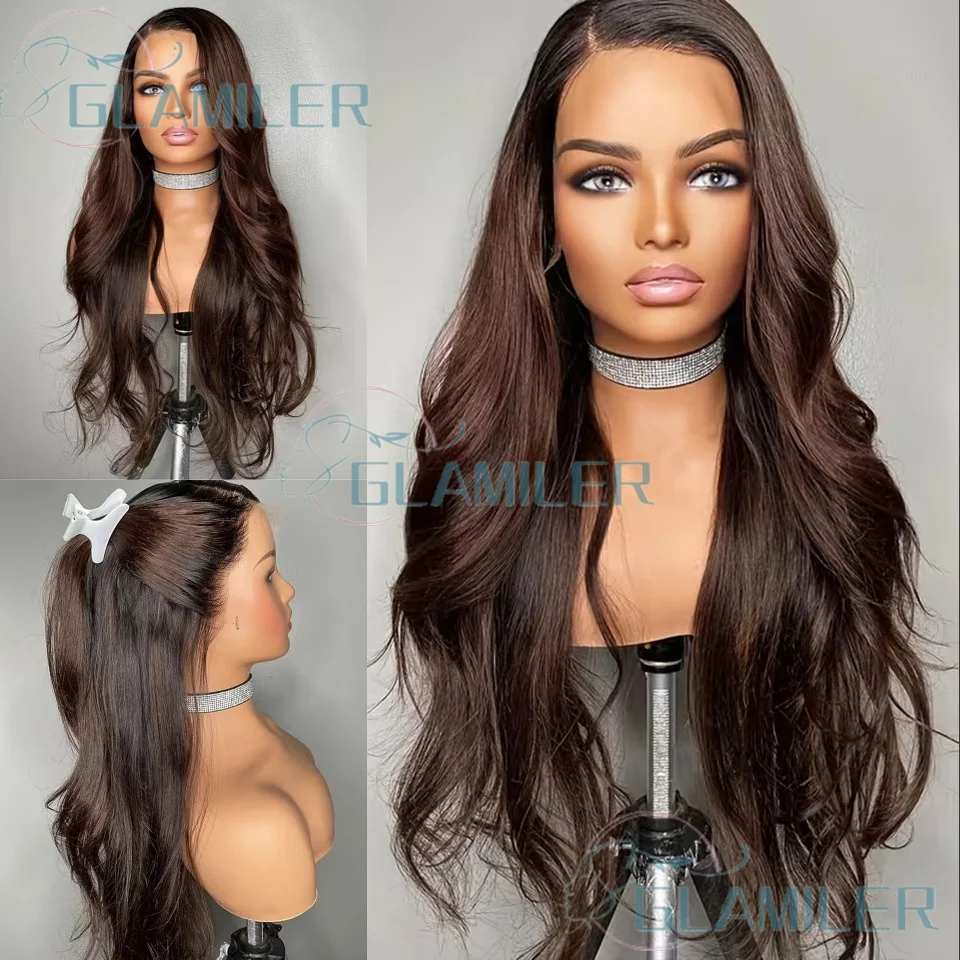 الجانب الأيمن شعر بشري مموج طبيعي # 2 شعر مستعار بني داكن بدون صمغ 5 × 5 من الحرير لإغلاق الجزء العلوي منزوع مسبقًا 13 × 6/360 باروكات دانتيل كاملة