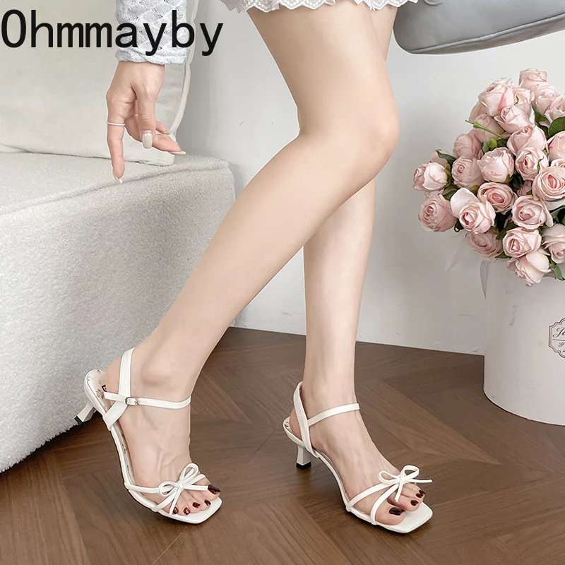 Summer Butterfly-knot Floral Women Sandals Concise Slingback Party Dress Mules Shoes Mid Heels Banquet Striptease Sandals view 3