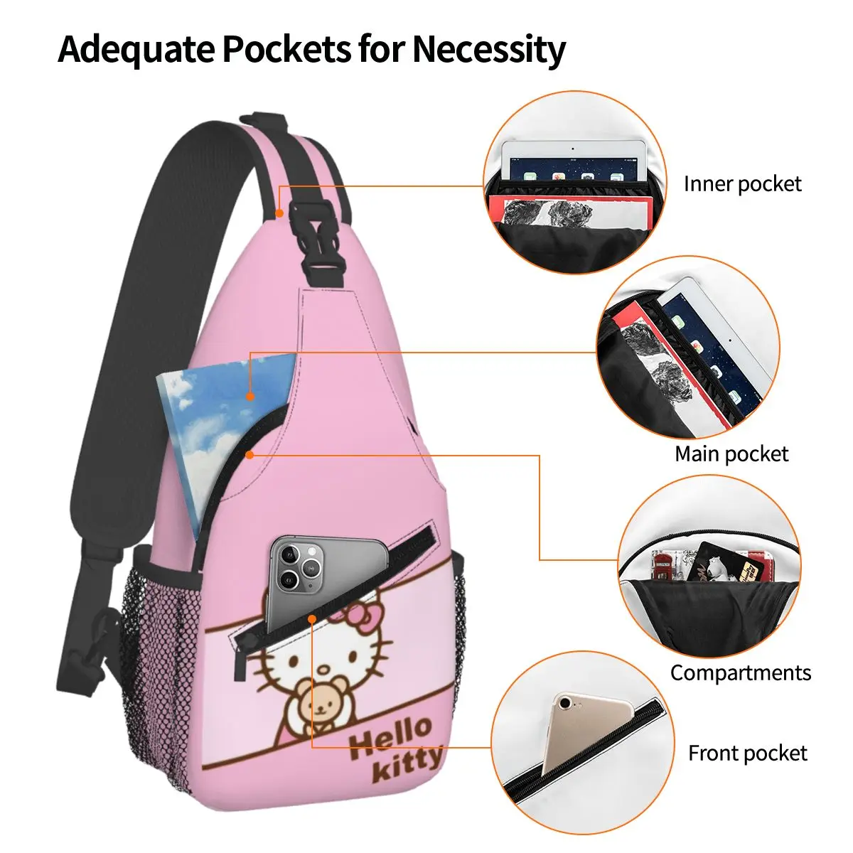 Custom Hello Kitty Cartoon Shoulder Backpack Women Men Casual Shoulder Chest Bags for For Traveling Hiking Anime Sling Bag