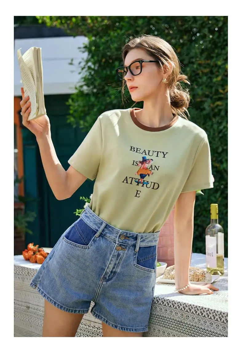 

OLrain Women Cartoon Graphic T-Shirt 2025 Casual Green Fun Print Patchwork Round Neck Short Sleeve Tees Woman Tops O24XT90593