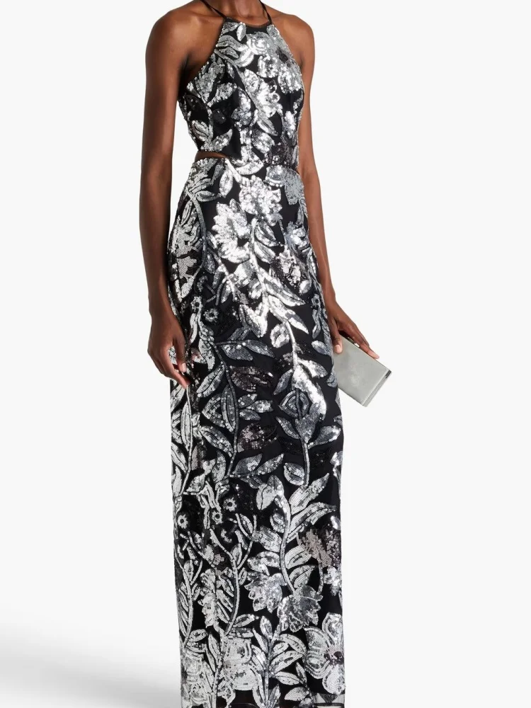 Elegancka czarno-srebrna sukienka letnia z cekinami, kwiatowym wzorem, wycięciami po bokach, ażurowa, długa sukienka na formalne okazje, Vestidos