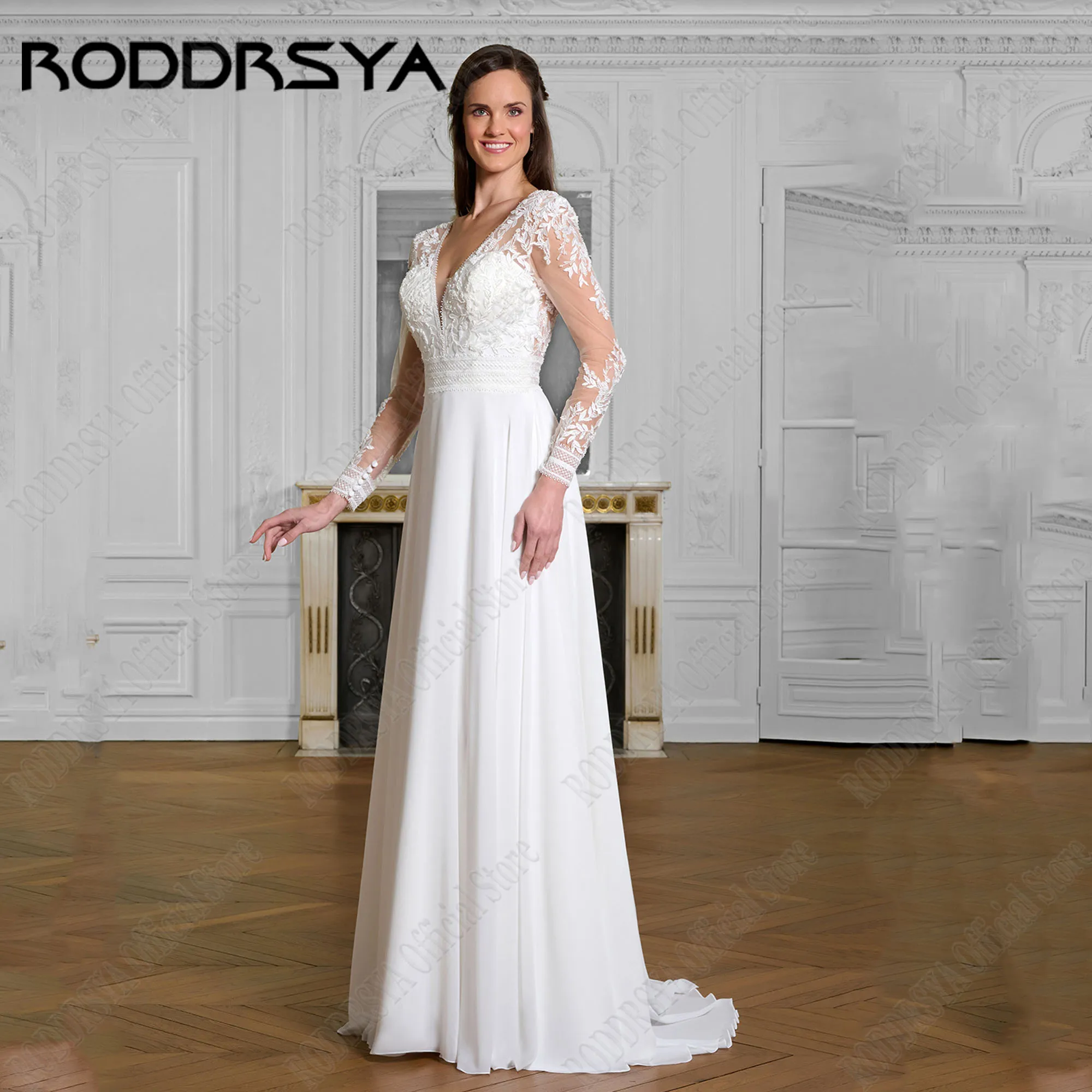 RODDRSYA Elegante A Linha Vestido De Noiva Manga Comprida Ilusão Voltar Vestido De Noiva Para As Mulheres Chiffon Applique Robe De Mariée PersonalizadoRODRSYA Elegante A Linha Vestido de Noiva Mangas Longas Ilusão Volt