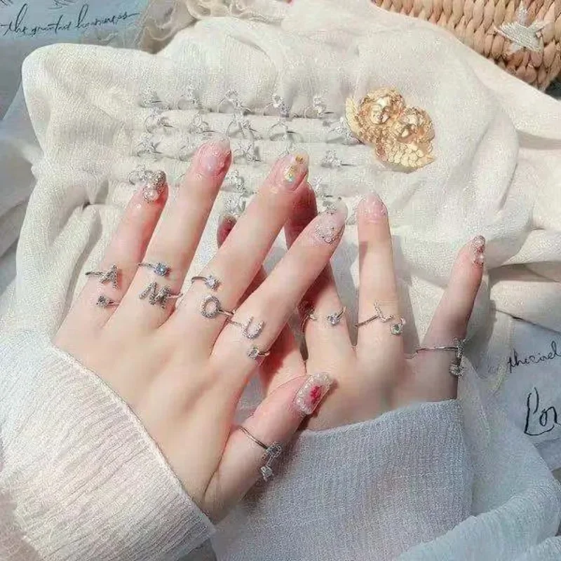 Adjustable Zircon Initial Letter Ring for Women Girls - Fashionable Alphabet Name Ring Wedding Jewelry Gift A-Z image 4