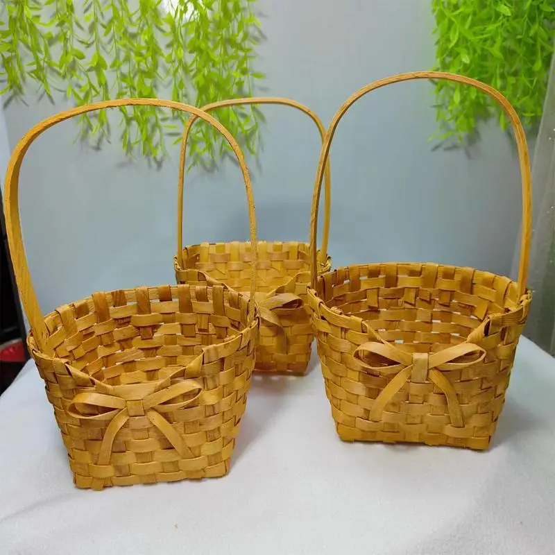 Wood Chip Hand Woven Flowers Basket Decorative Fruit Snack Bread Vegetable Basket Woven Hamper Snack Wicker Basket For Wedding