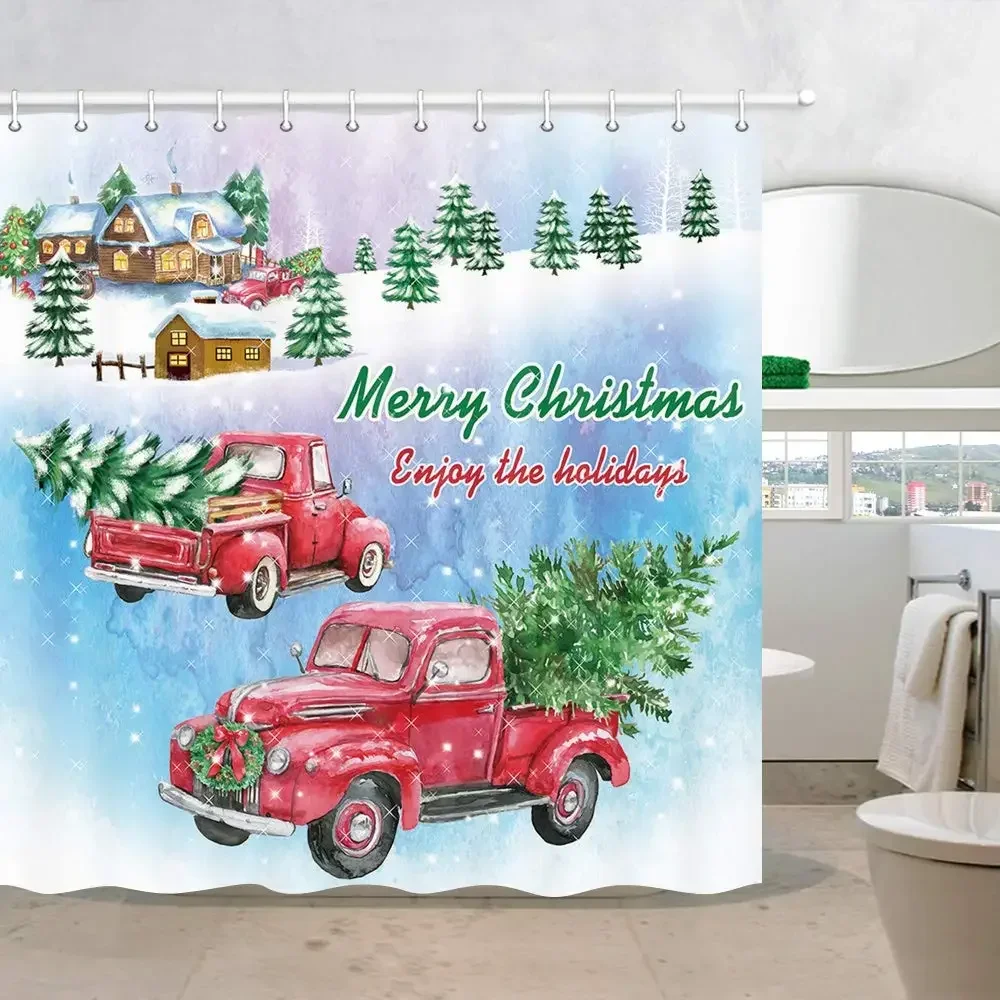 Truck Car with Christmas Xmas Tree Shower Curtain Red Retro Truck in Snow with Pine Fir Tree