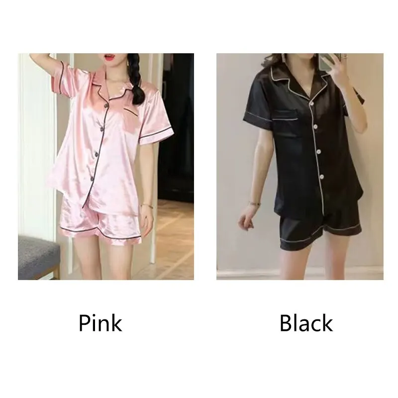 Women Ice Silk Pajamas Set Sleepwear Nightgowns Nightdress Short Sleeve Shorts Black Pink XL XXL XXXL Casual Home Summer