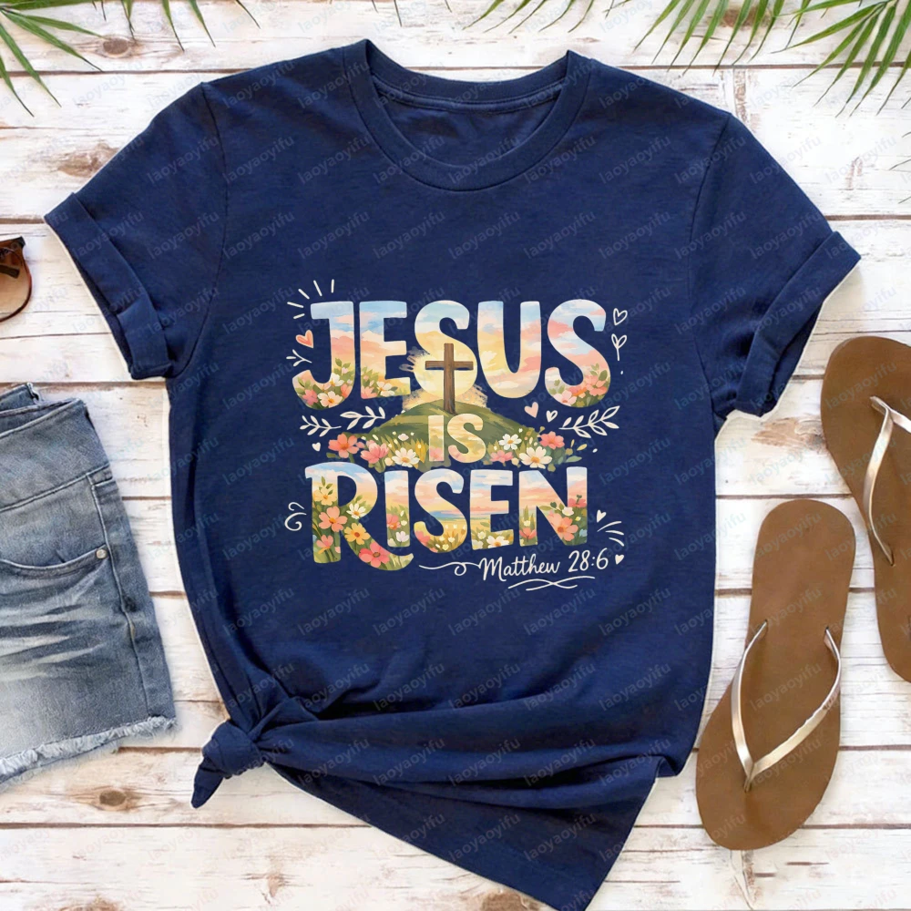 Jesus Is Risen Easter TShirt Women Matthew 28 6 Christian Religious Graphic Tees Casual Short Sleeve Faith Based Holiday Tops