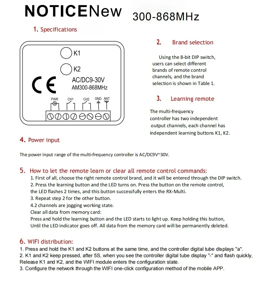 402WFR-MF واي فاي التيار المتناوب/DC9-30V ملاحظة جديد 300-868 ميجا هرتز استقبال واي فاي عن بعد عالمي