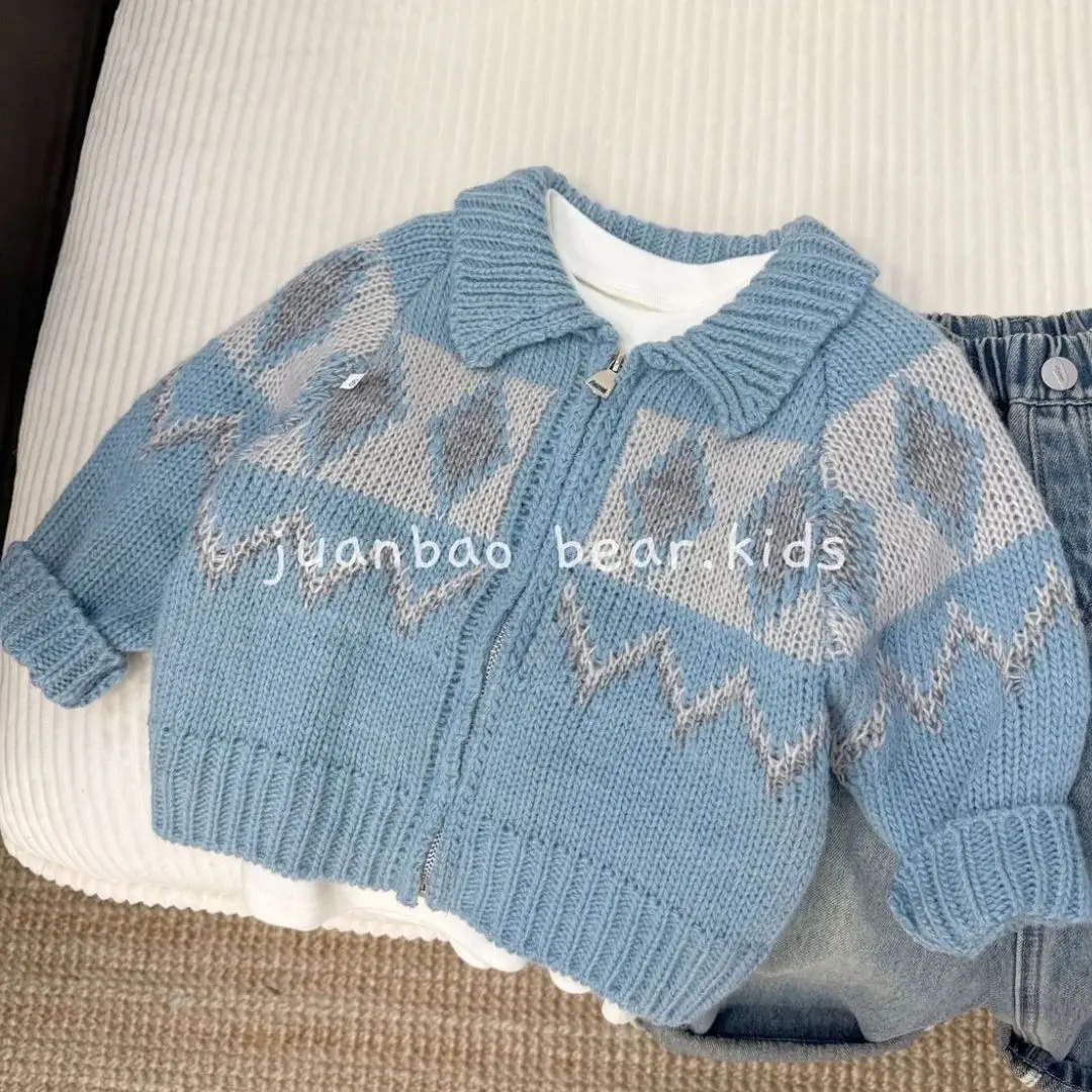 Boys and girls retro diamond grid sweater cardigan autumn new Korean style lapel zipper jacket baby stylish knit
