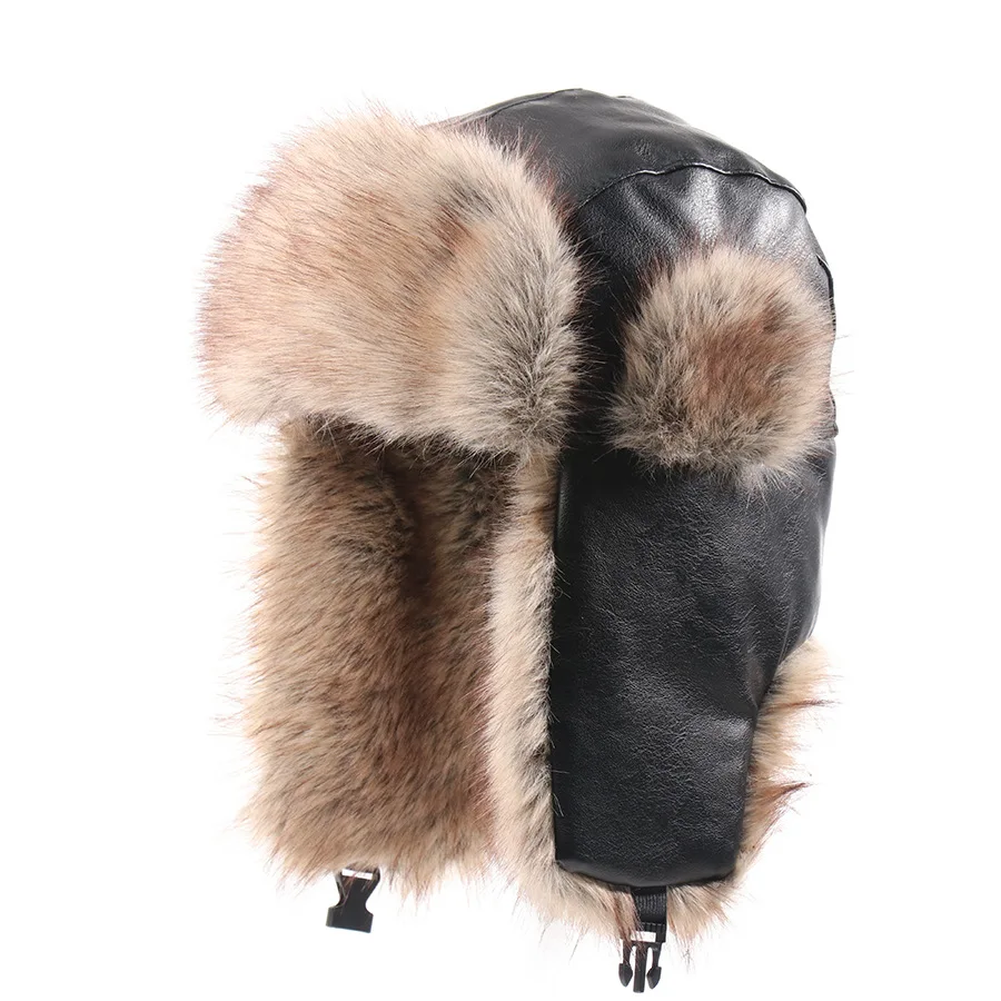 Solid Leather‑look Big‑Head Trapper Hat Plush Ear‑flap Cycling Northeast Warm Cap