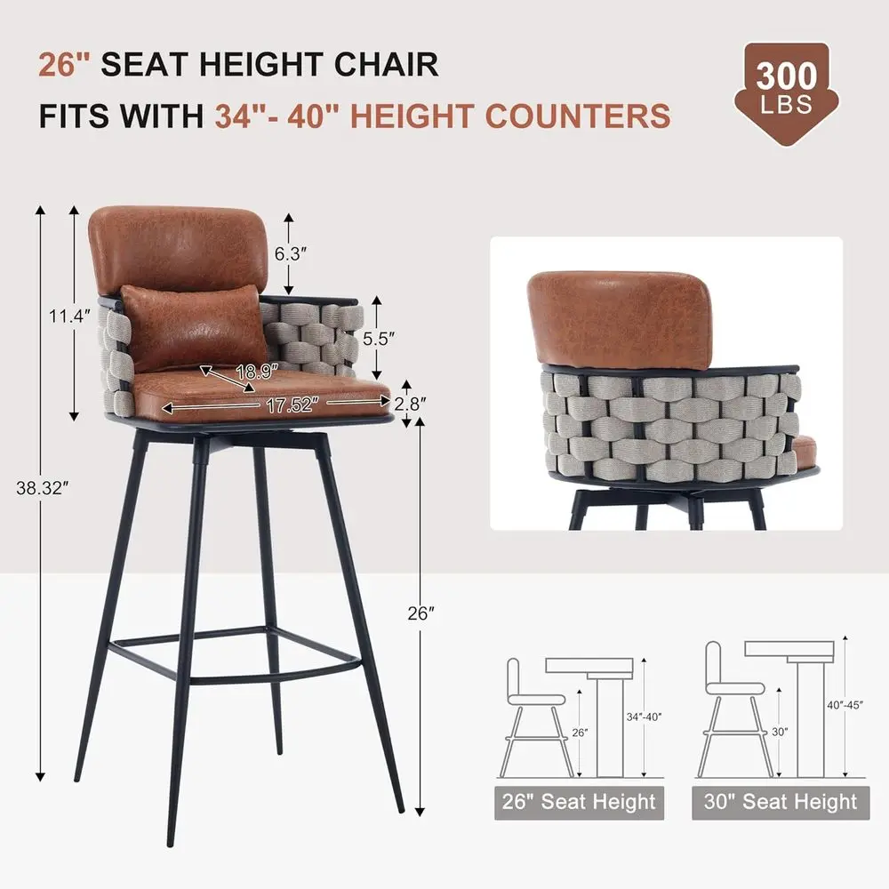 Bar Stools Set o 2, 26inch Counter Height Bar Stools, Swivel Hand-Woven Barstool, -Century Upholstered Suede abric Bar Chair wit view 2