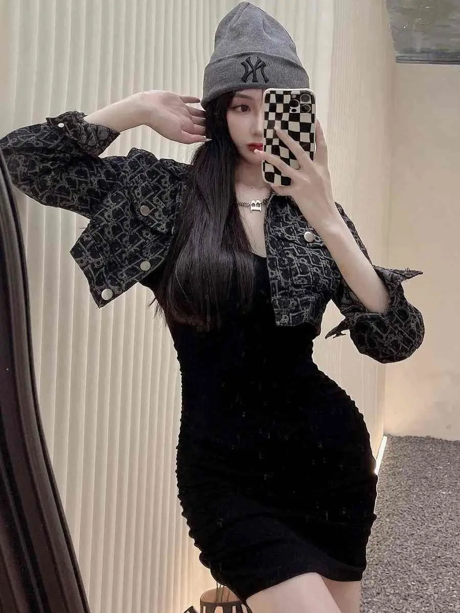 Early Autumn Women's Denim Cardigan Set Sweet Cool Hip Hop Style with Strap Wrap Skirt Two-Piece Suit Short Coat Long Sleeve