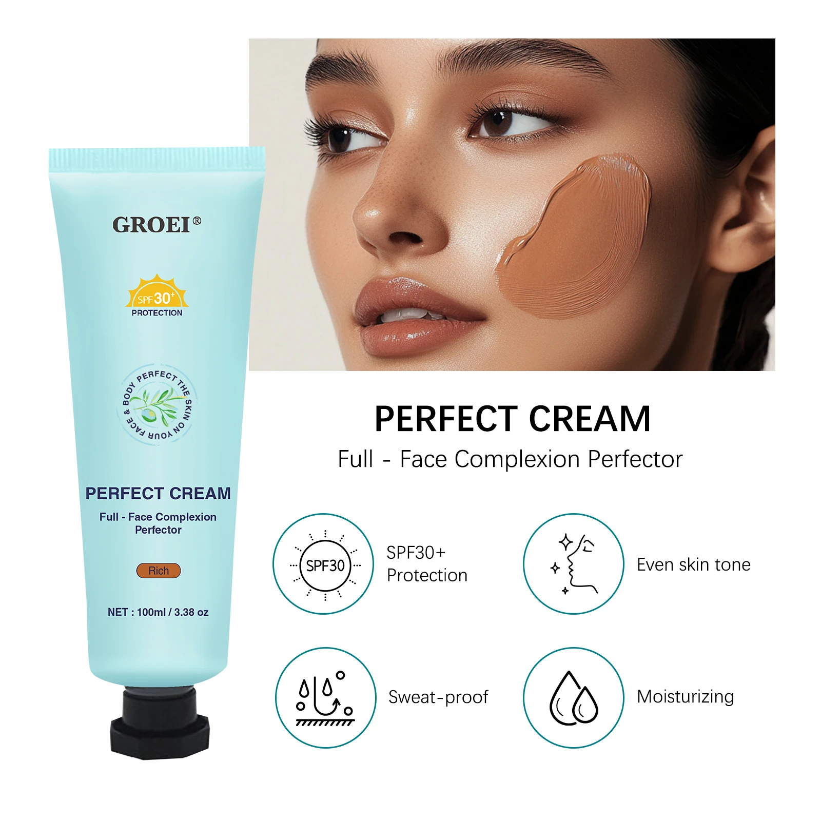 GROEI 3-in-1 100 ml Perfect Cream Light/Medium/Tan/Rich, Korrektor für Gesicht und Körper, wasserfeste SPF30 BB-Flüssigkeit für alle Hauttypen