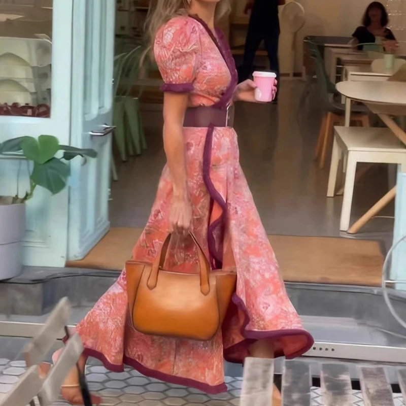 Feminino casual mangas bolha babados vestido longo moda altura cintura bohe vestido de festa elegante padrão impressão com decote em v vestido de férias