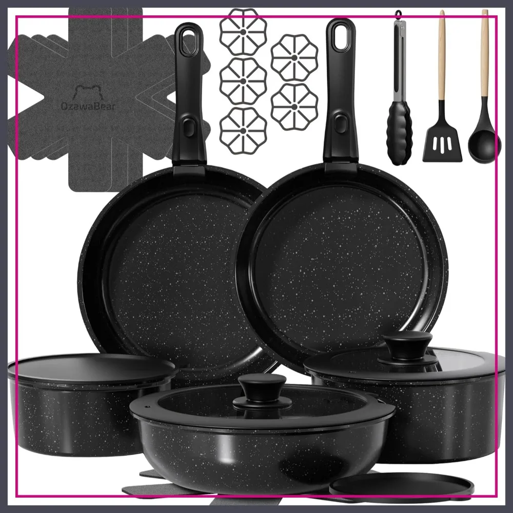 

23 Pcs Non Stick Pots and Pans Set, Ceramic Cookware with Detachable Handles, Healthy Induction Oven Safe RV Kitchen Set, PFAS PFOA & PTFE Free