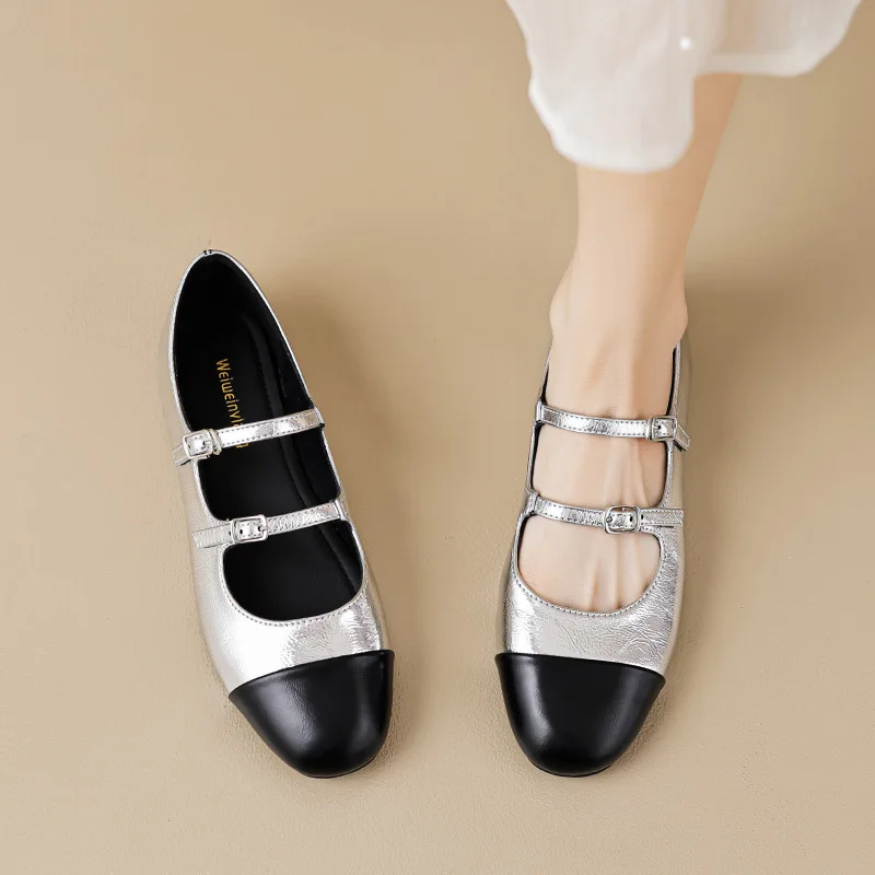 2025 Spring Summer Mary Janes Shoes Women Flats Elegant Ladies Single Shoes Round toe Brand Black Silver Plus SIze 42 D292