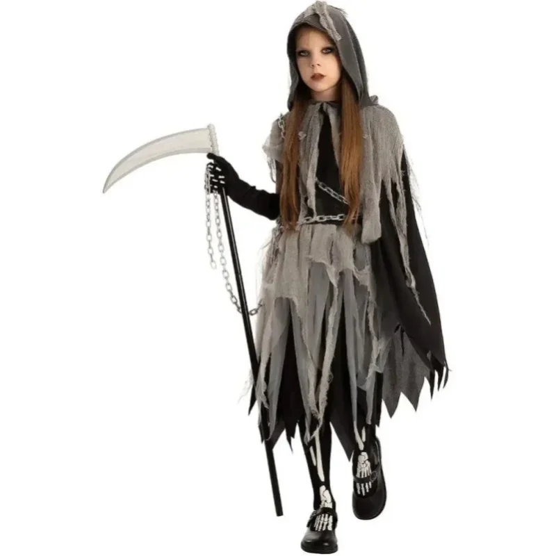 Sloosh Creations Grim Reaper-Kostüm für Mädchen mit Handschuhen und Strumpfhosen, leuchtet im Dunkeln, gruseliges Halloween-Kostüm für Kostümpartys.