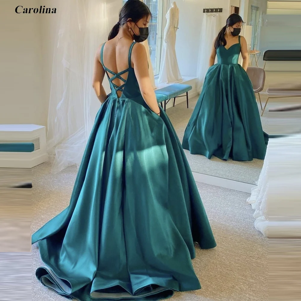 Elegante cinta de espaguete sexy vestido de baile com bolso a linha sem costas vestido de ocasião robe de soirée vestido de noite de cetim feminino