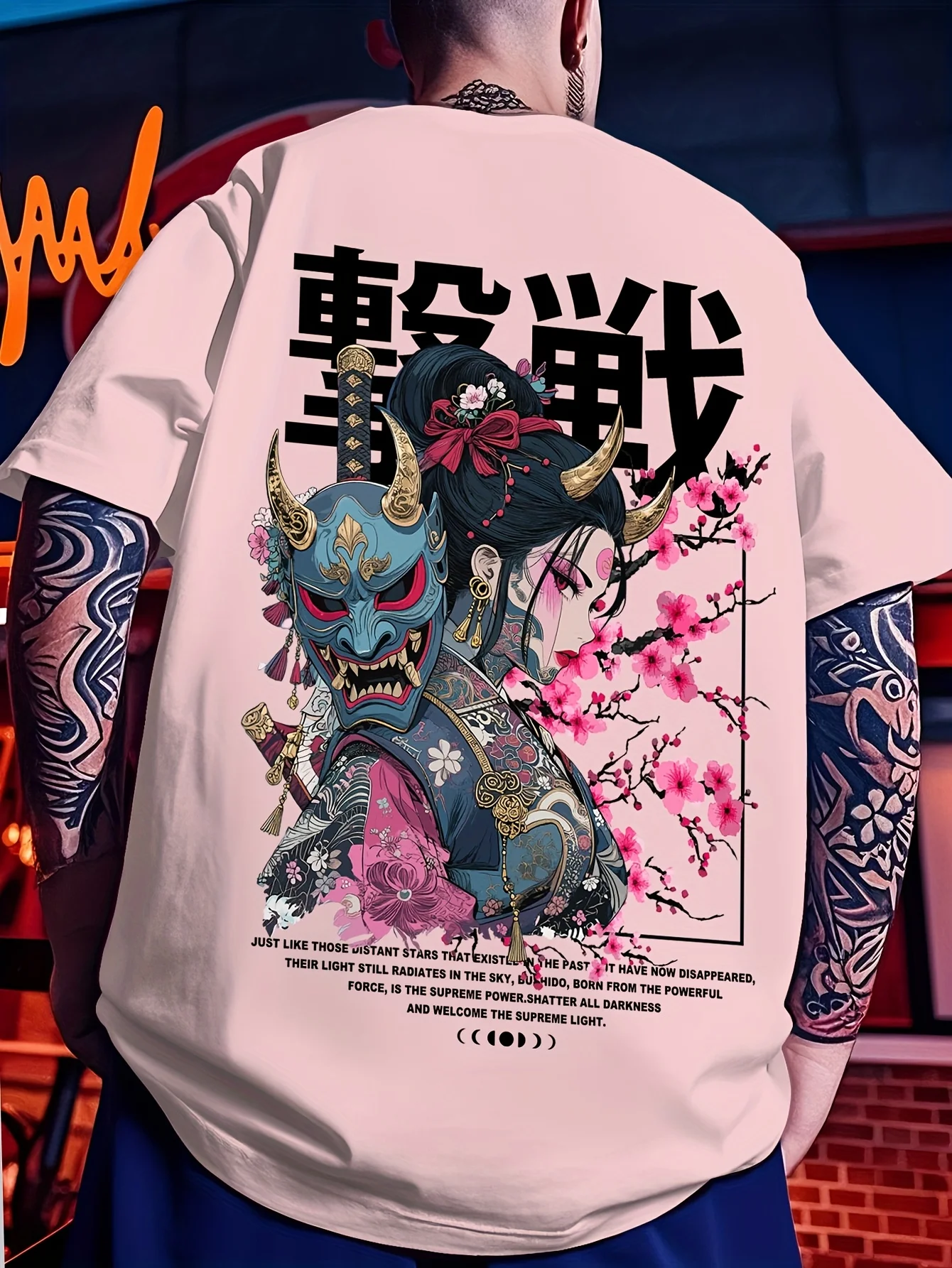 Japanese Geisha and Hannya Mask Print on Soft 100 Cotton Mens T Shirt Breathable and Comfortable for Summer Streetwear