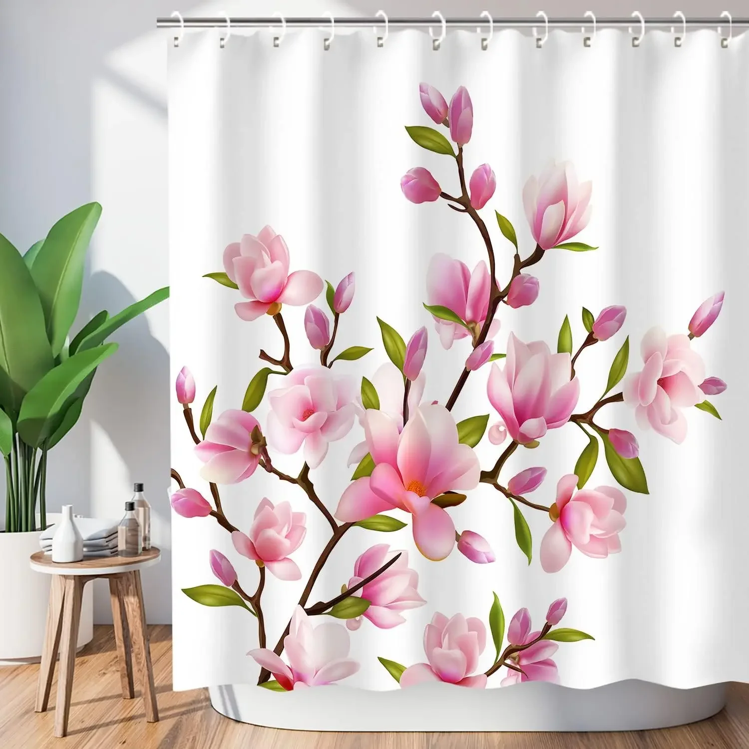 Floral Shower Curtains Blue Pink Watercolour Flowers Plants Butterfly Modern Simple Polyester Fabric Bathroom Decor With Hooks