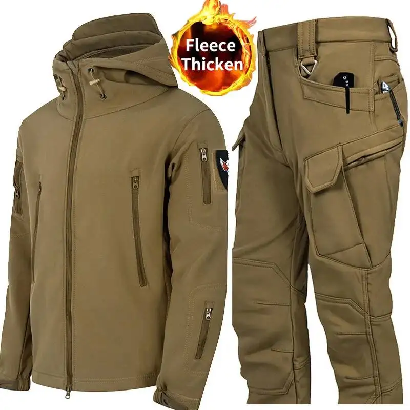 

2025 Men's Sets Fleece Lined Tactical Pants Suit Waterproof Military Hoodie Winter Softshell Jackets Rain Coats Warm