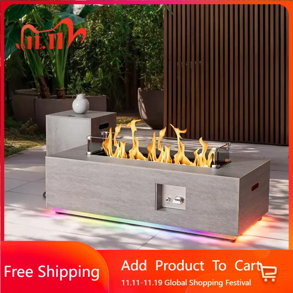 

42'' Fire Pit Table with RGB LED Lights，50,000 BTU Propane Gas Fire Pits with Tempered Wind Guard Glass，Firepit Table