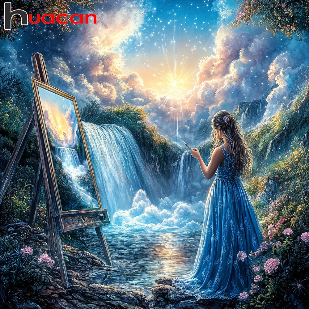 Huacan Mädchen Zeichnung Diamant Malerei 5D DIY Wasserfall Natürliche Landschaft Voll Platz Runde Diamant Stickerei Wohnkultur