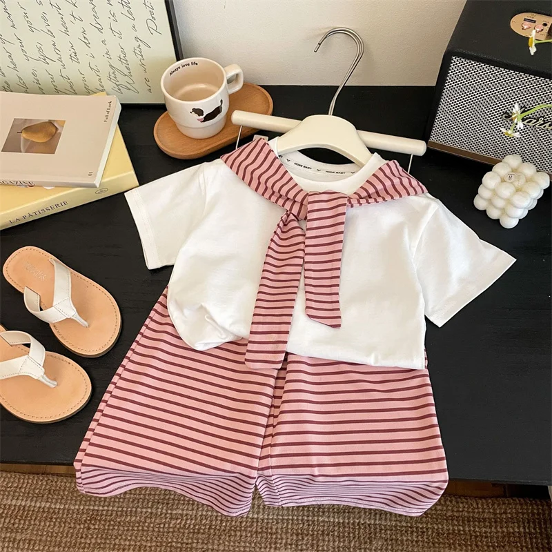 Girls Suit Summer Short-sleeved T-shirt With Stripes Shawls+Pants 2Pcs Outfits Kids Casual Clothes Children's Fashion Sets 1-12Y