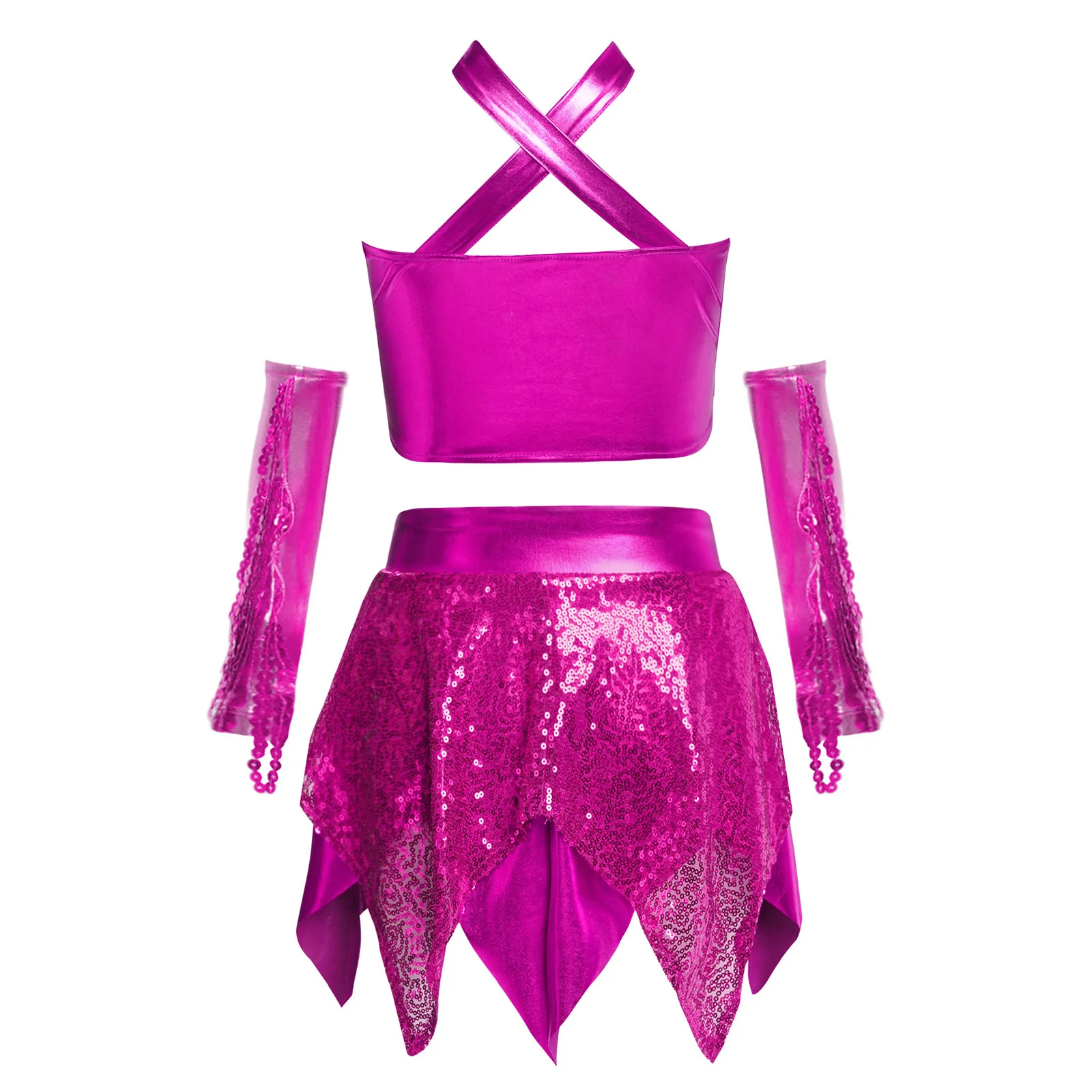 Kids Girls Jazz Dance Performance Costume Sparkly Sequins Metallic Crop Top with Asymmetric Skirt and Sequined Tassels Gloves