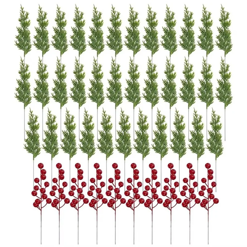 Décorations Branches de pin artificielles, baies de houx, tiges de baies rouges pour couronnes d'arbre de noël, cadeau vert, M15K-45Pcs