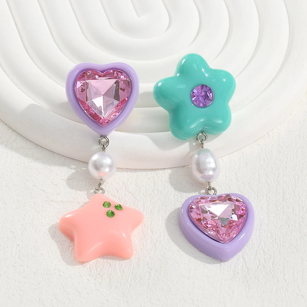 Sweet Acrylic Asymmetrical Heart Star Drop Earrings for Women Girls Cute Romantic Resin Imitation Pearl Earrings Party Jewelry