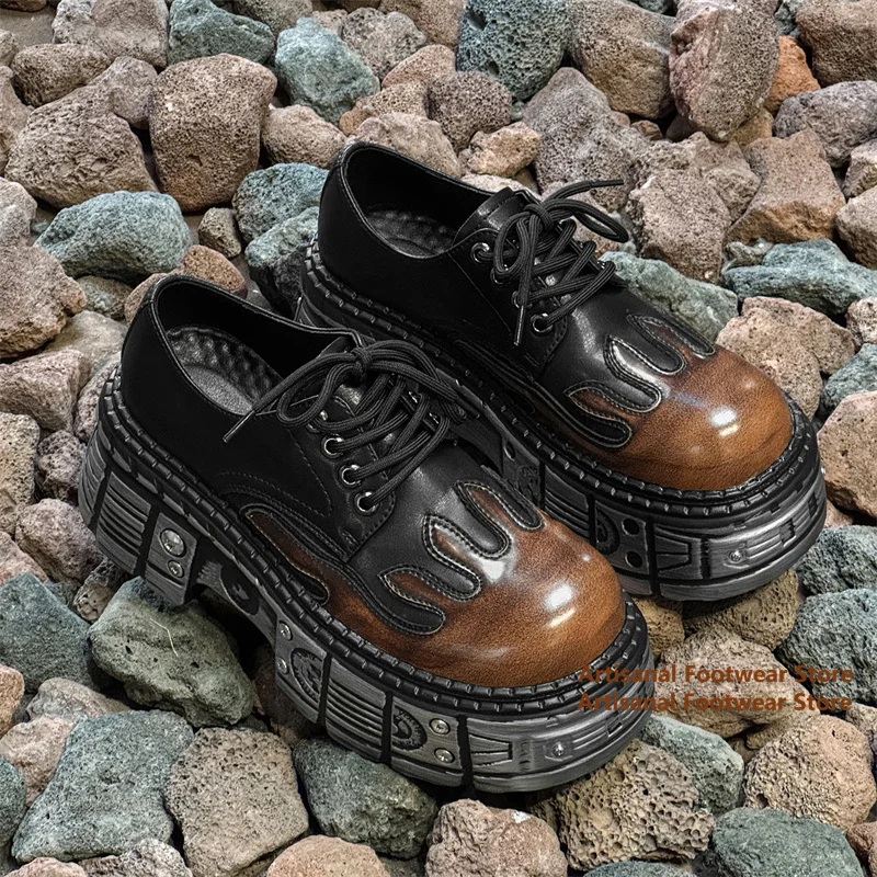 Flame-Shaped Height-Increasing Leather Shoes Thick-Soled Black/brown Metal Casual Derby Shoes Punk Style Trendy Men's Shoes