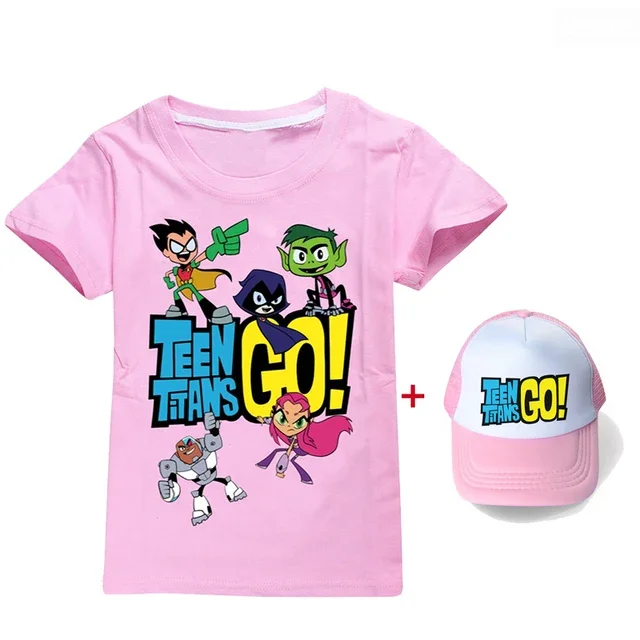 Summer Unisex 13 colour Teen Titans Go Short Sleeve Printing 100% cotton T-shirt+sunhat Boys Girls Clothes kids tee top Clothes