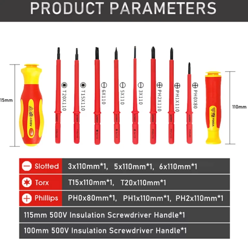 مجموعة مفكات براغي معزولة بشفرة VDE قابلة للتبديل مع حافظة، مغناطيسية، 500 فولت، للاستخدام المنزلي والمهني، أدوات كهربائيين، 10 قطع