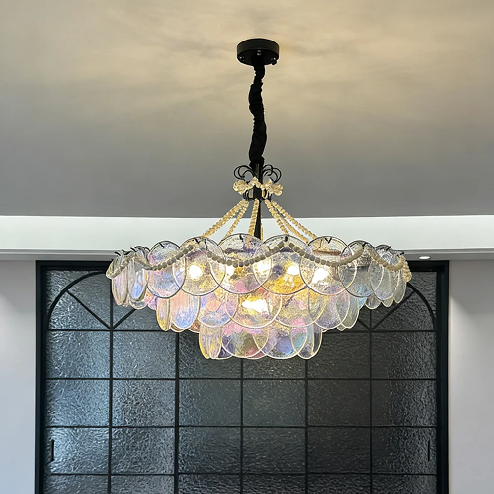Coloured Murano Glass Chandelier with Pearl Necklace Round Lamp Living Dining Room French Multi Tier Princess Room Hanging Lamp